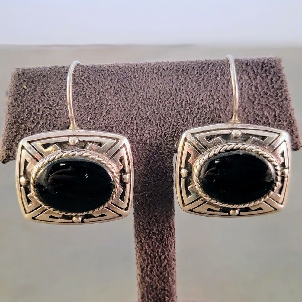 Vintage Sterling Southwestern Design Onyx Dangle Drop Earrings
